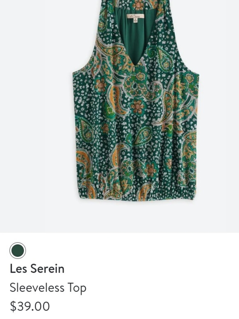 Les Serein Green Paisley V-Neck Sleeveless Tank